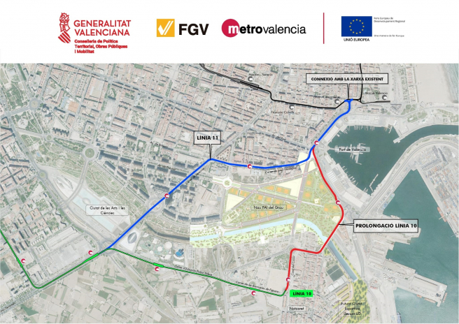 Este es la trazado de la nueva línea de tranvía L11 que conectará el centro con la Marina de València, el Cabanyal-Canyamelar