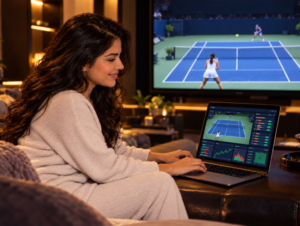 Mujer consultando estadísticas y apuestas de tenis en su portátil mientras ve un partido en televisión