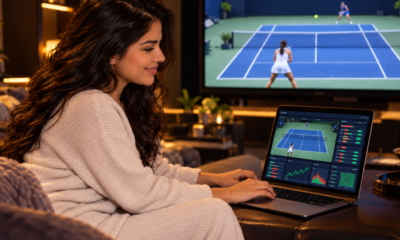 Mujer consultando estadísticas y apuestas de tenis en su portátil mientras ve un partido en televisión