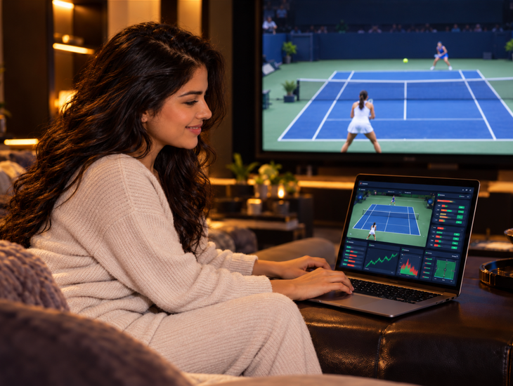 Mujer consultando estadísticas y apuestas de tenis en su portátil mientras ve un partido en televisión